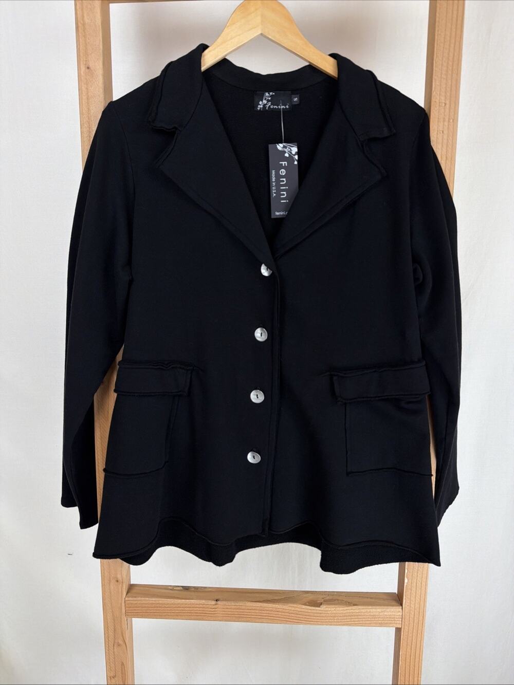 NWT Fenini Black Jersey Knit Button Front Blazer Jacket #0991 Size Small